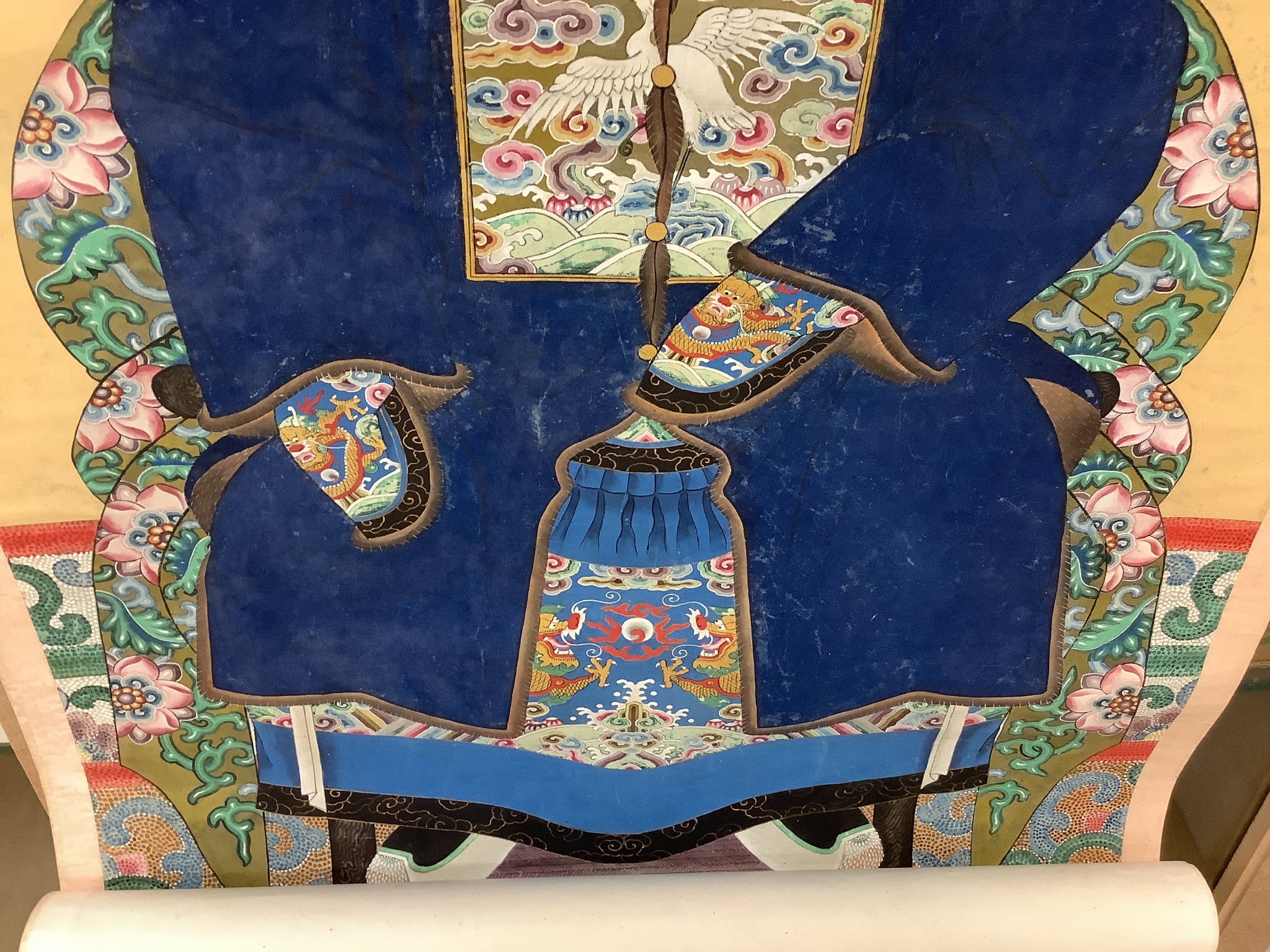 A 19th century Chinese ancestor painting, a 19th century Chinese scroll painting on paper of a sage and other figures, Image 100x 47 cm and a calligraphic scroll (3)